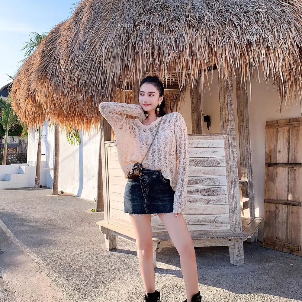June Eleven Open Knit Sheer Elegant V-Neck Sweater in Cream - Picture 6 of 8